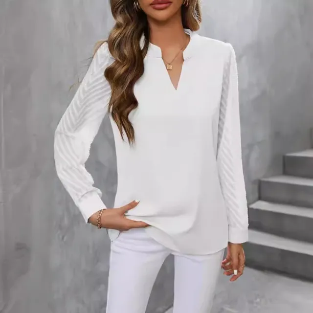 Chiffon Patchwork Long Sleeve Solid Color And V neck Shirt White - Shop at LoveMi