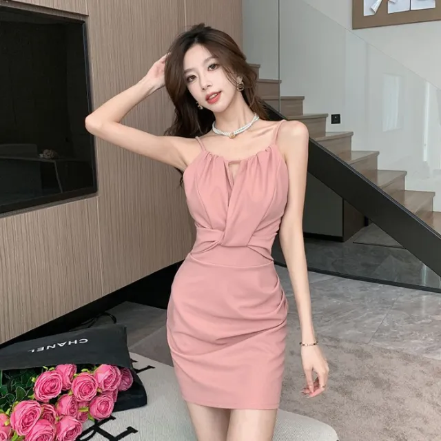 Sexy Temperament Halter Waist cinching Summer Dress Pink - Shop at LoveMi