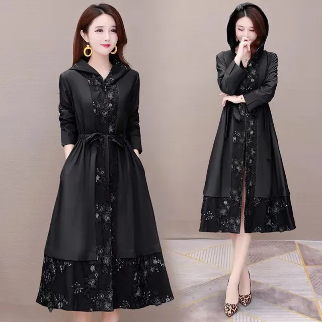 Elegant Trench Coat Women's Plus Size Coat Over The Knee Fashion Black Hidden Hook - Shop at LoveMi