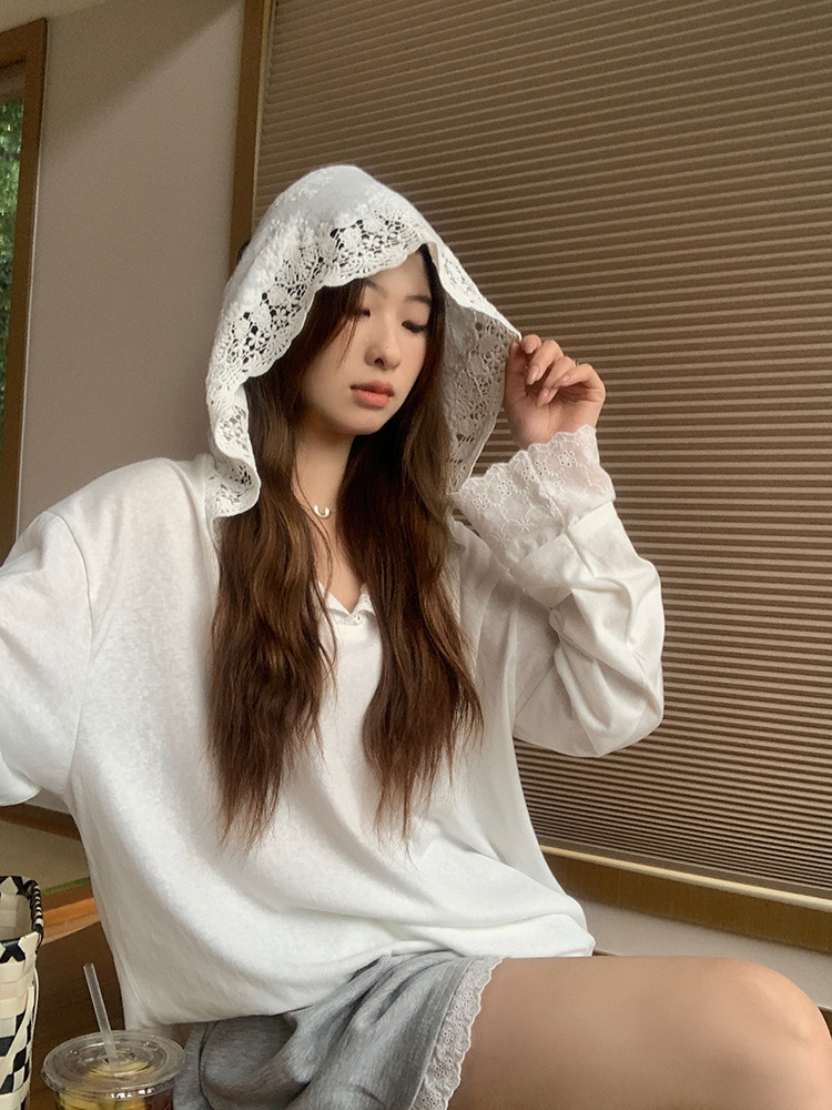 Title 5, Crocheted Lace Stitching Hooded Loose Slimming ...