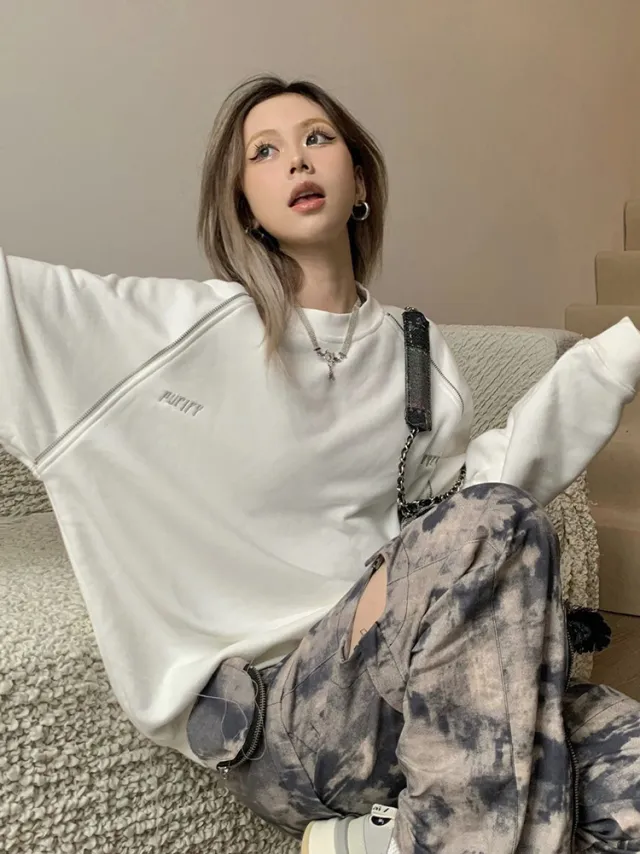 Women's National Fashion Spring American Retro Design Niche Loose Top Without Hood White With Fleece Lining - Shop at LoveMi