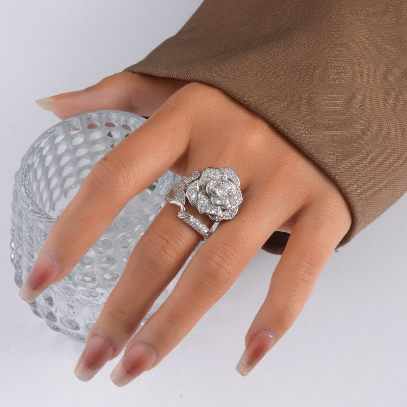 Fashionable Light-luxury High-end Diamond-studded Camellia Open Ring - photo 6