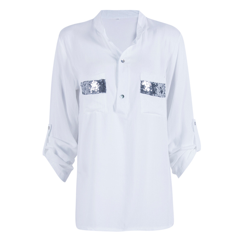 Solid Color And V-neck Sequined Pocket Shirt Loose Long Sleeve Shirt