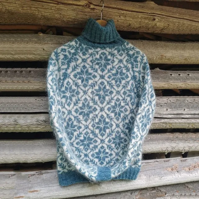Autumn Winter Jacquard Pullover Elegant High Neck Knitted Sweater Blue - Shop at LoveMi