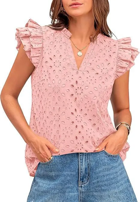 Women's Eyelet Top Fashion Casual V neck Pleated Cover Sleeve Lace Embroidered Shirt Pink - Shop at LoveMi