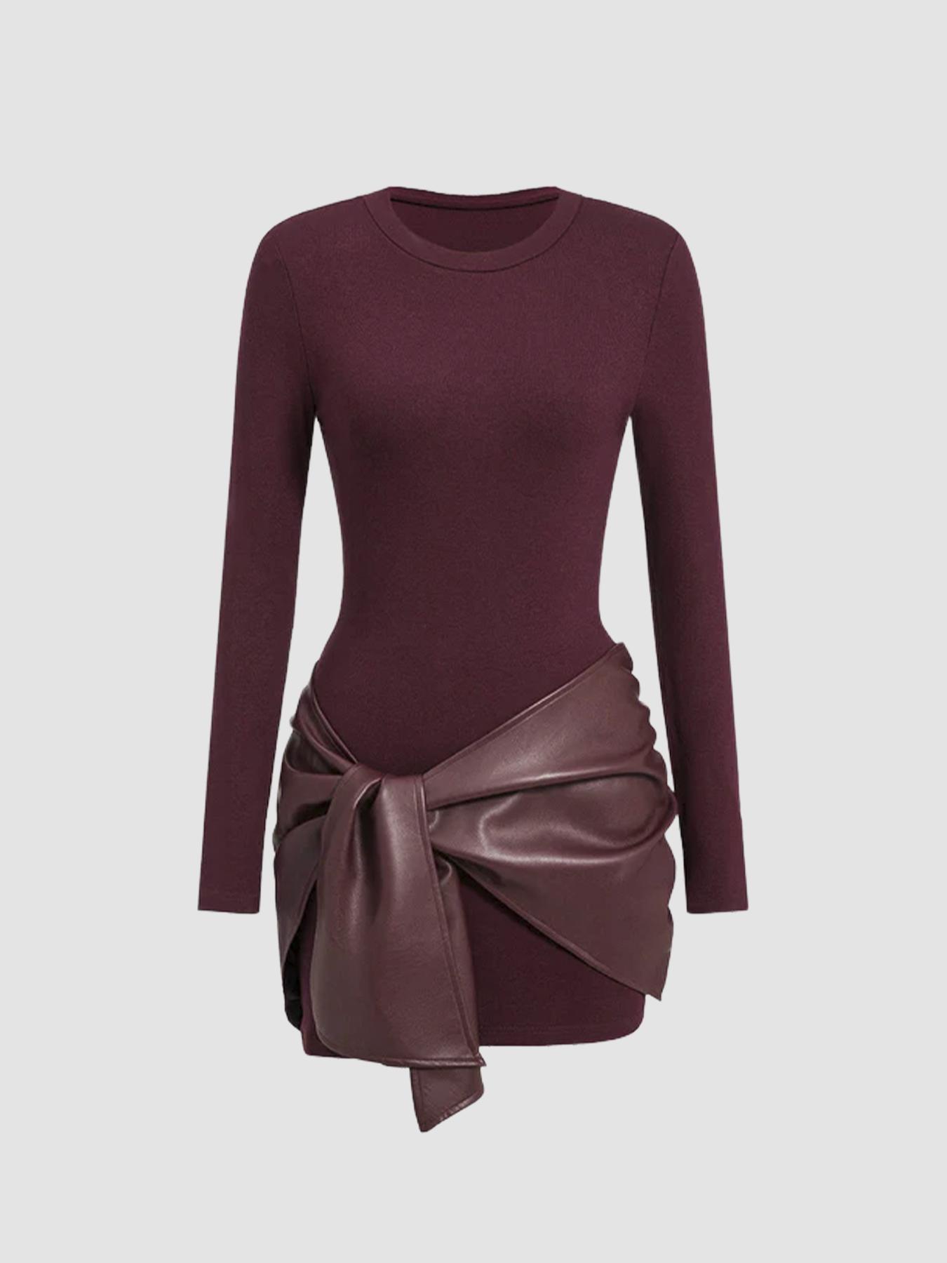 Solid Color PU Ribbon Elegant Slim Waist Sheath Dress Wine Red - Shop at LoveMi