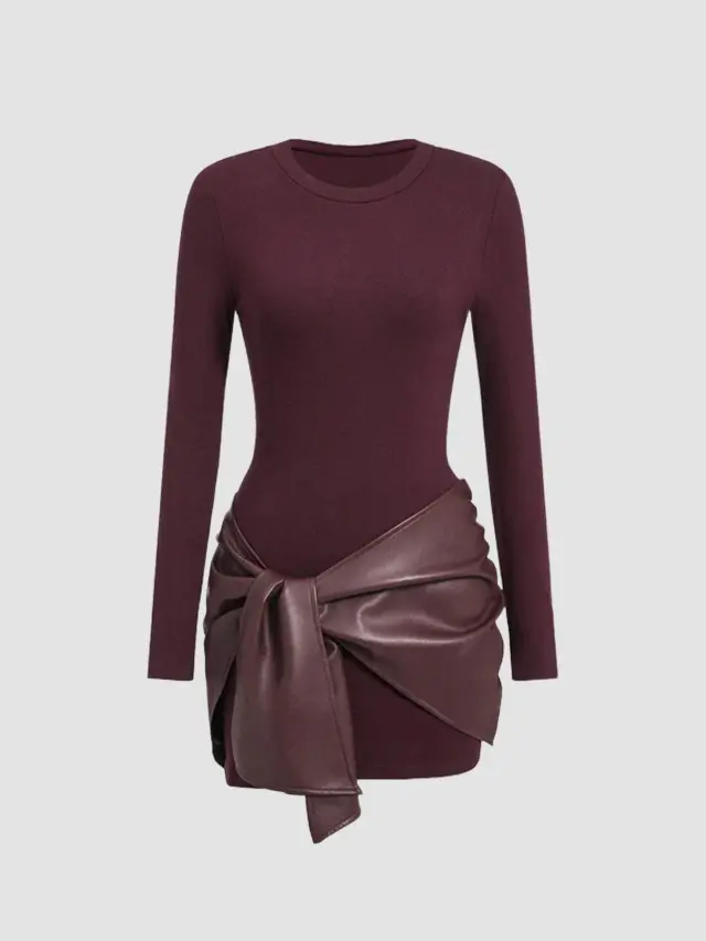 Solid Color PU Ribbon Elegant Slim Waist Sheath Dress Wine - Shop at LoveMi