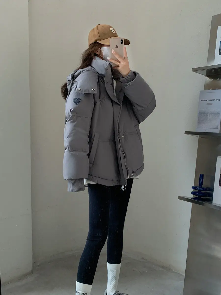 Gray With Heart Short Down Jacket Plus Size Women's Bread Coat