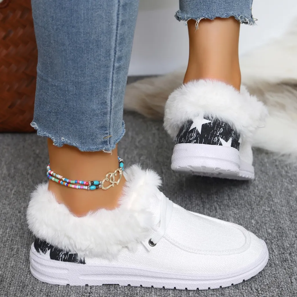 Women's Pumps Plus Size Flat Heel Furry Retro Casual Mom Shoes - White