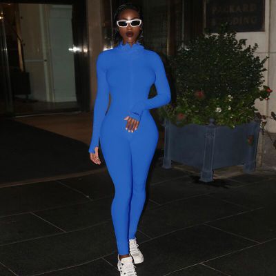 Women's Zipper Stretch Turtleneck And Embroidered Slim Fit Fitness Jumpsuit Yoga Suit Blue Long - Shop at LoveMi