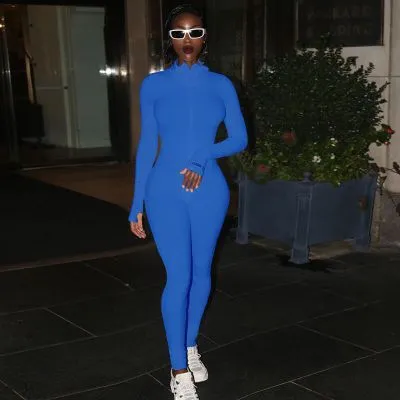 Women's Zipper Stretch Turtleneck And Embroidered Slim Fit Fitness Jumpsuit Yoga Suit Blue Long - Shop at LoveMi