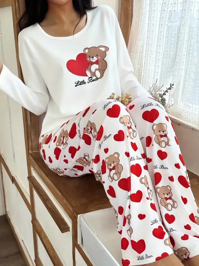 Womens Crew Neck Bear And Heart Print Long Sleeve Pajama Set With Long Pants Tz13213 3Xl - Shop at LoveMi