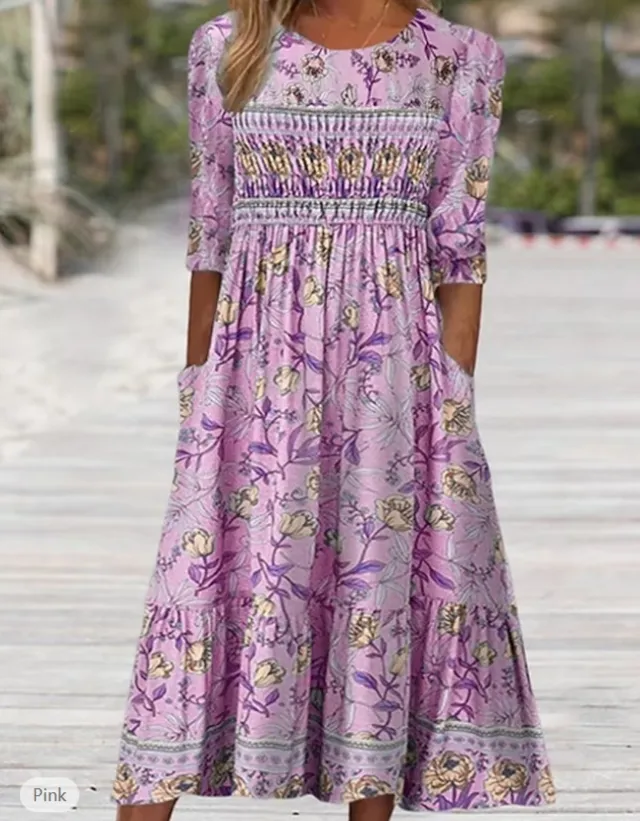 Ethnic Style Summer Printed Fashion Slim Dress Pink - Shop at LoveMi