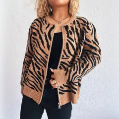 Color Block Zebra Stripes Round Neck Fashion Leisure Commute Women's Sweater - Khaki - View 1