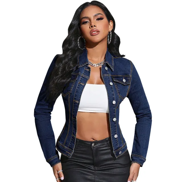 Long Sleeve Lapel Pocket Denim Jacket Dark Blue - Shop at LoveMi