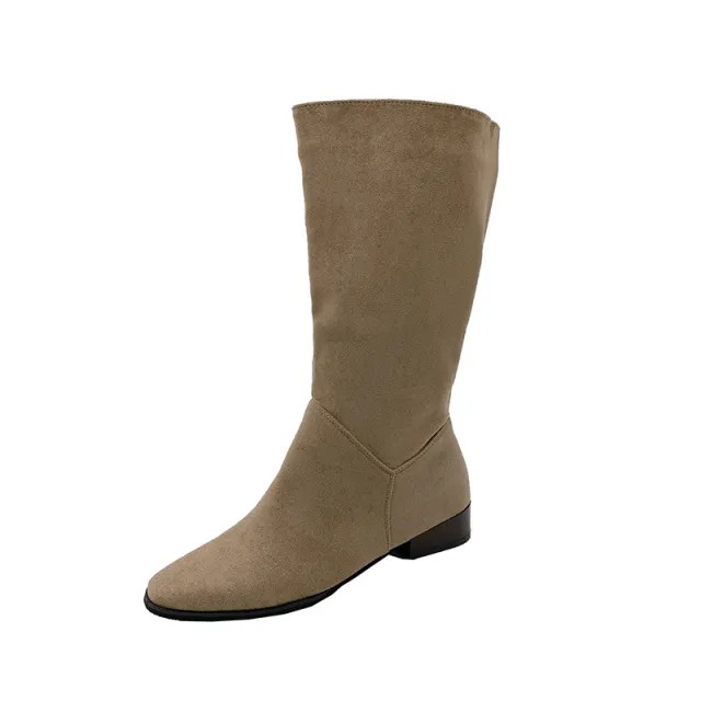 Pointed Toe Retro Middle Boots Simple Thick Heel Below The Knee Apricot - Shop at LoveMi
