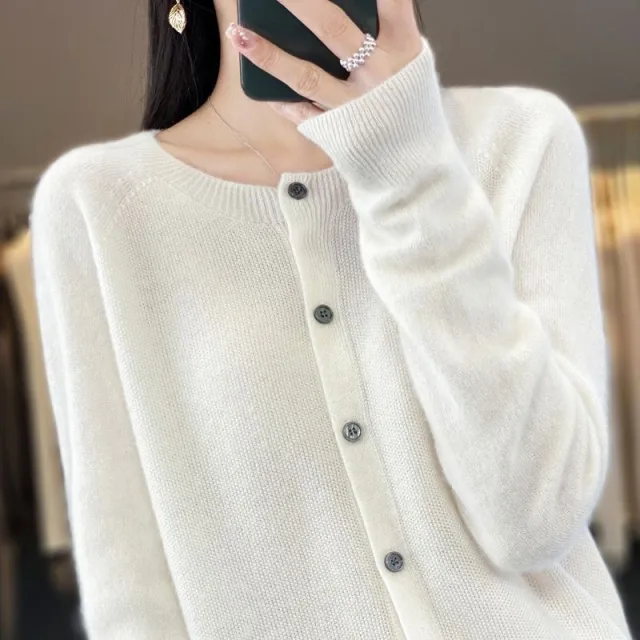 Fashion Merino Wool Cardigan Sweater Women O Neck Long sleeve Cashmere Knitwear Spring Autumn Female Clothing Tops White - Shop at LoveMi