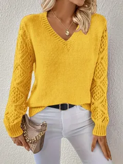 Loose Hollow Knitted Sweater Long-sleeved Pullover V-neck Top Women's Clothing - Golden Yellow - View 1
