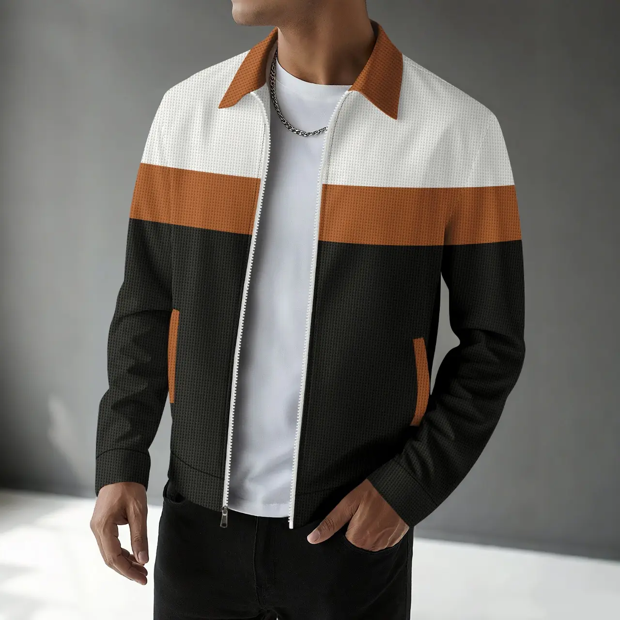 Waffle-knit Colorblock Cardigan With Zippered Pockets