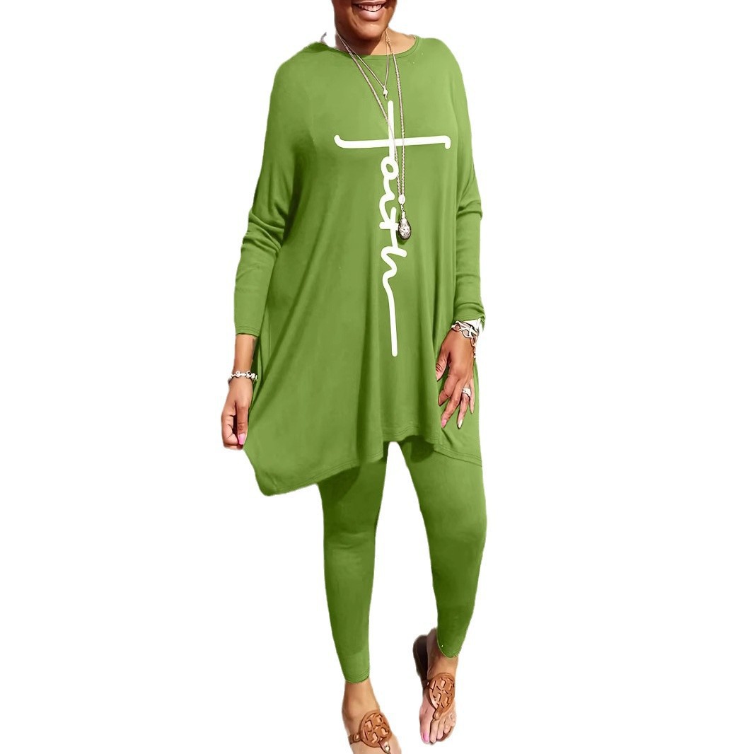 Round Neck Loose Long Sleeves Solid Color Printed Plus Size Women's Clothing Two-piece Set - Image 8