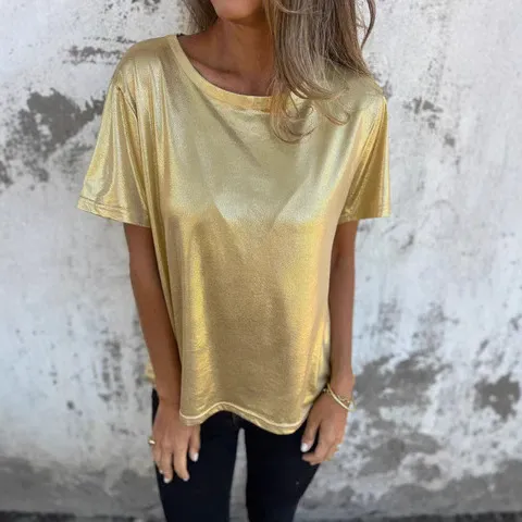 Loose Fit Round Neck Solid Color Short Sleeve Gold - Shop at LoveMi