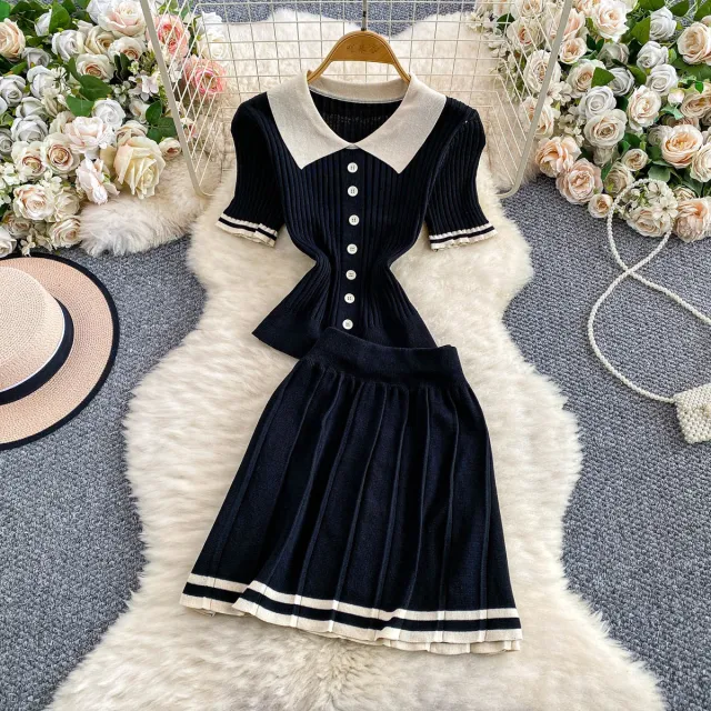 Contrast color Button front Top With A High waisted Skirt Black - Shop at LoveMi