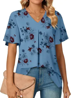 Women's V-neck Flower Print Short Sleeve - Blue - View 1