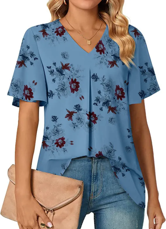 Women's V-neck Flower Print Short Sleeve - Blue