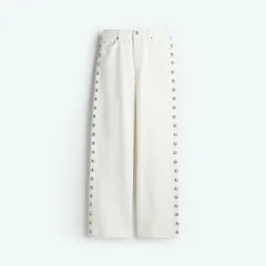 Women's Retro Design Side Round Beads Decorative Jeans - White - View 1