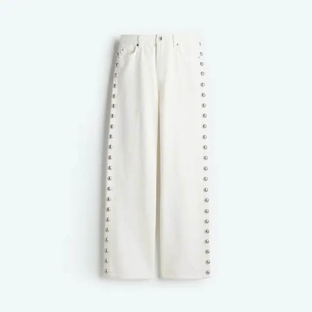 Women's Retro Design Side Round Beads Decorative Jeans White - Shop at LoveMi