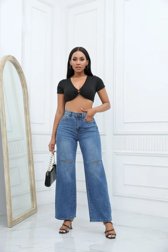 Elegant Ripped Wide leg Jeans Women Dark Blue - Shop at LoveMi