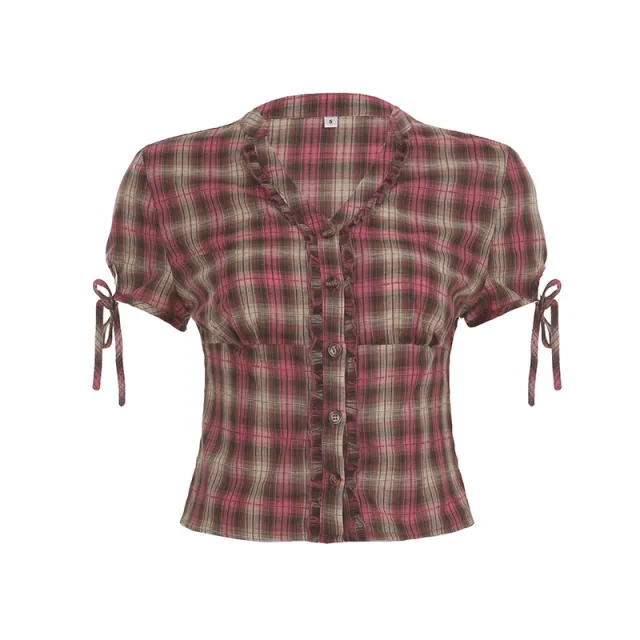 Retro Plaid Women's Slim Casual T shirt Pink - Shop at LoveMi