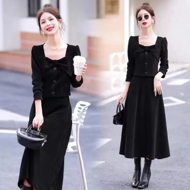 Womens Fashion Corduroy Top And Skirt Two piece Set Black - Shop at LoveMi