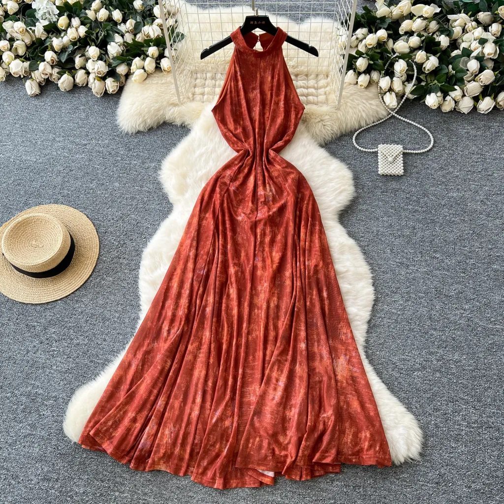 French Vintage Style High-grade Blooming Halter Sleeveless Dress - Retro Red