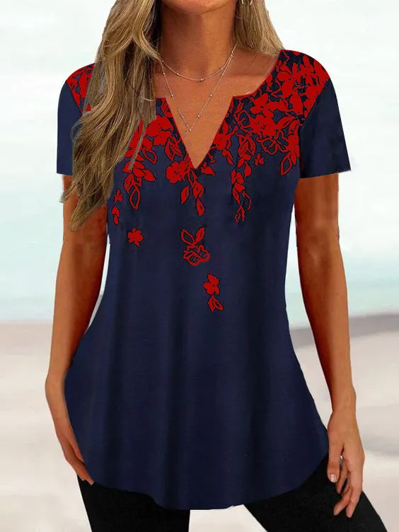 European And American Loose V-neck Gradient Color Short Sleeve Printed Top T-shirt - Red