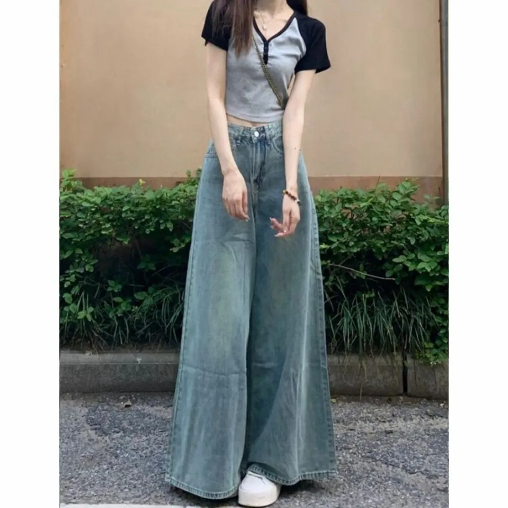 Washed-out Vintage Wide Leg Jeans High Waist Slimming - Light Blue