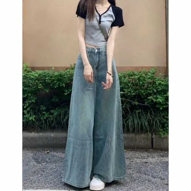 Washed out Vintage Wide Leg Jeans High Waist Slimming Light Blue - Shop at LoveMi