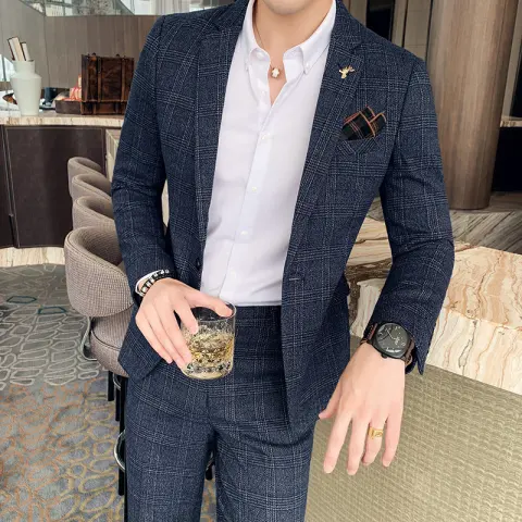 Autumn Men's Plaid Suit Business Casual Two-piece