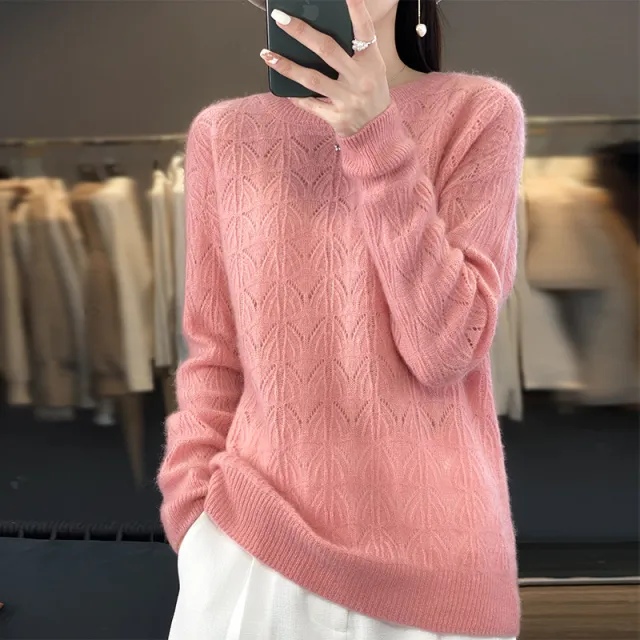 Women's Wool Knitted Round Neck Pullover Hollow out Solid Color Long Sleeve Pink - Shop at LoveMi
