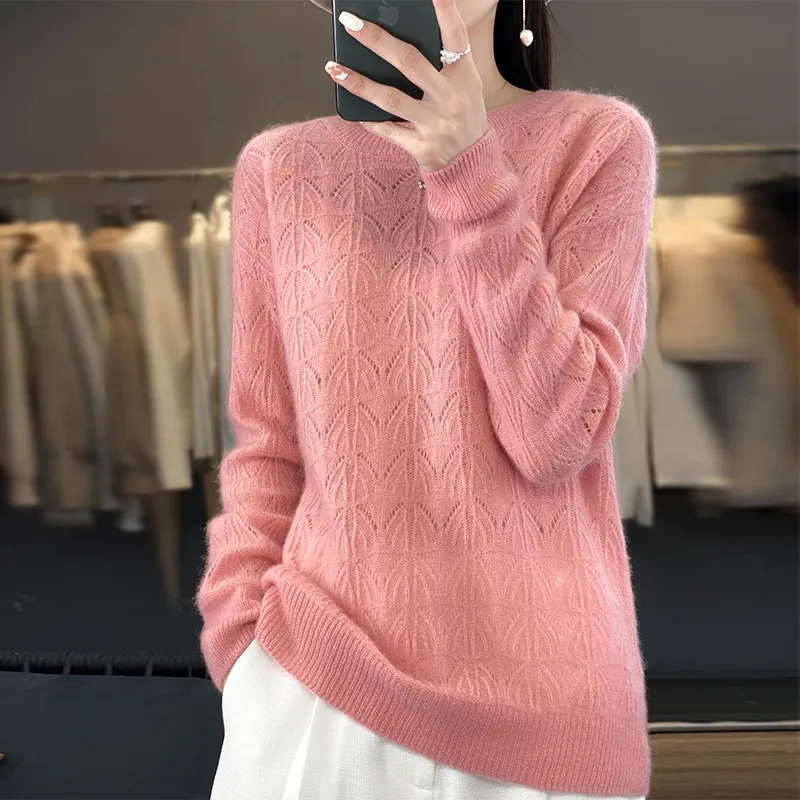 Women's Wool Knitted Round Neck Pullover Hollow-out Solid Color Long Sleeve - Pink