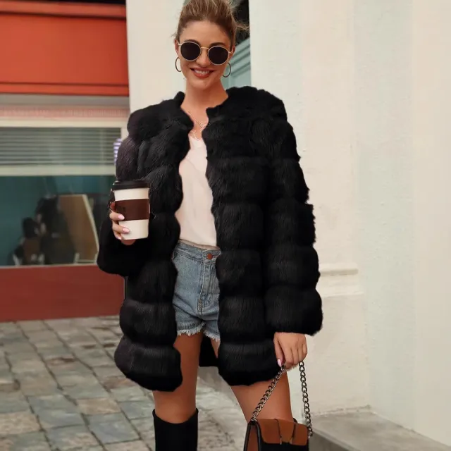 Women's Imitation Fur Coat Top Long cut Coat Trench Coat Black - Shop at LoveMi