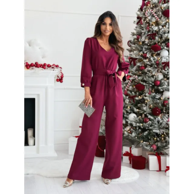 Women's Casual Pure Color Tied V neck Long Sleeve Jumpsuit Red - Shop at LoveMi