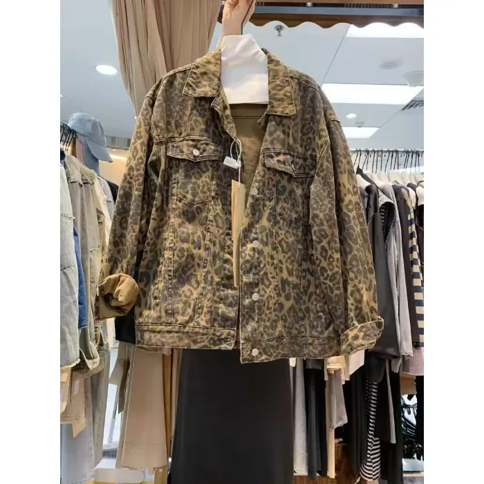 European Goods Street Leopard Print Denim Coat - Leopard
