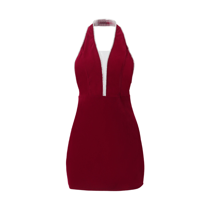 Sexy Deep V Socialite Backless Elegant Halter Solid Color Dress