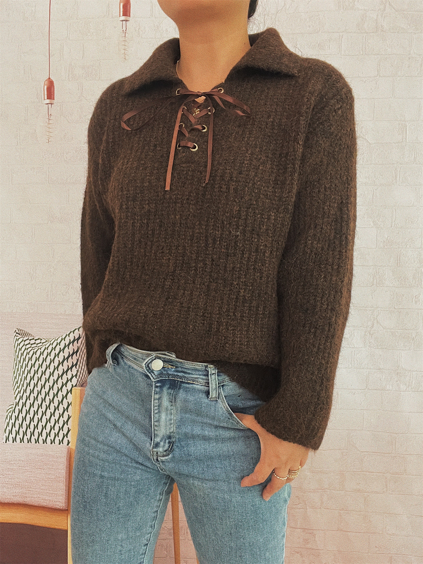 Simple Commute Lapel Tied Knitted Pullover Solid Color Loose Sweater