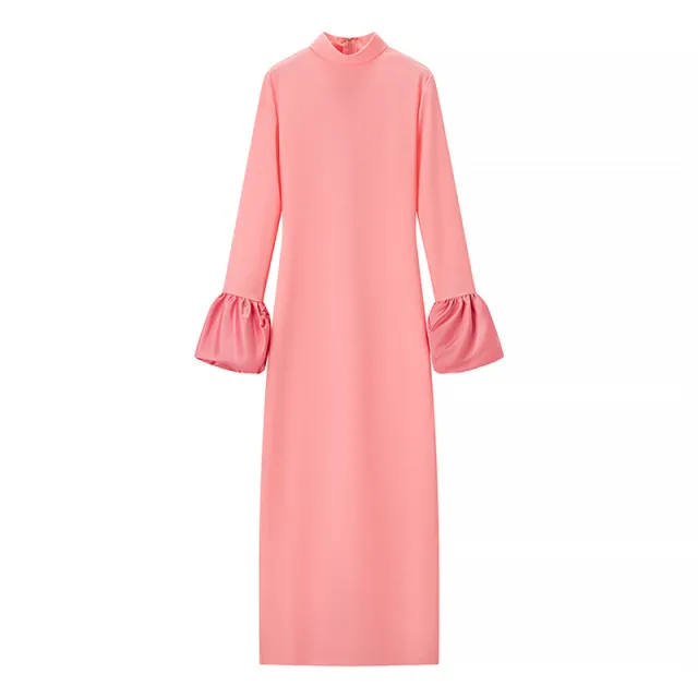 Half Turtleneck Puff Sleeve Dress Pink - Shop at LoveMi
