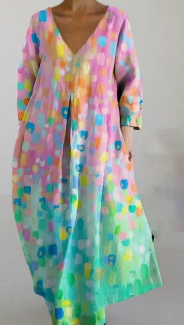 Women's Loose Round Neck Fashion Printed V-neck Dress - A75Qkce3Gtm08