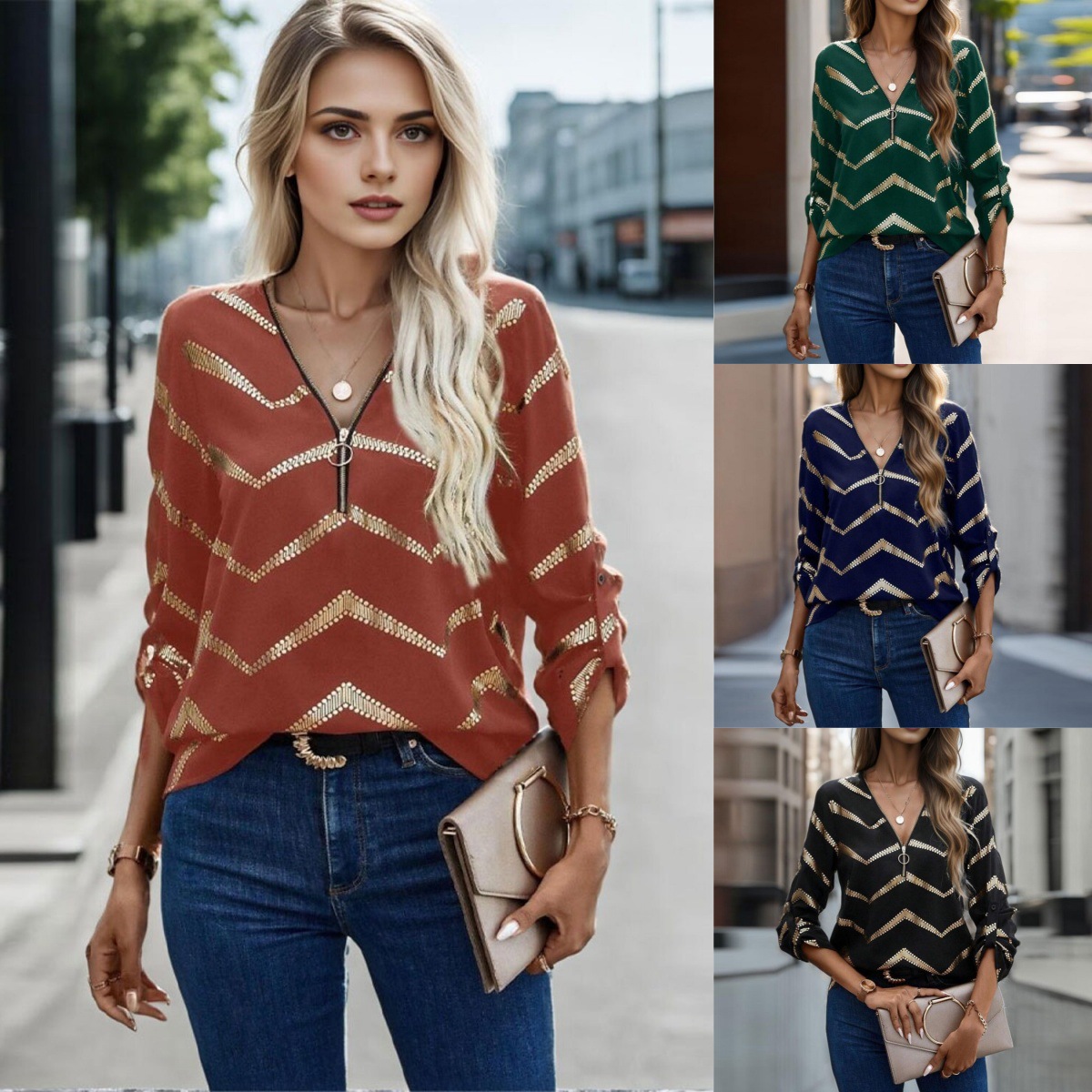 Women's Casual Long-sleeved V-neck Striped Shirt