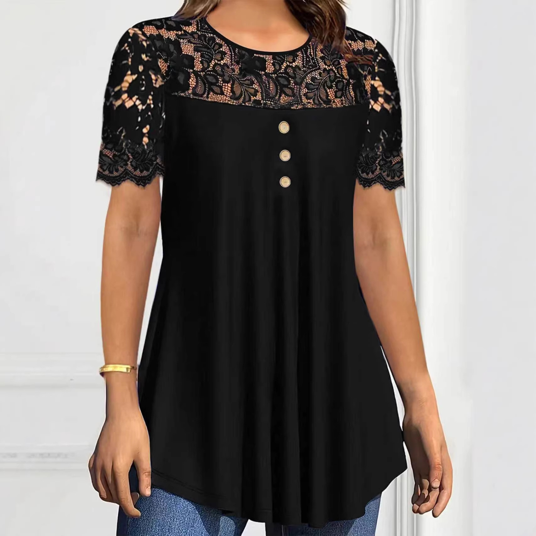 New Womens Solid-color Lace Short-sleeve Crew-neck Top