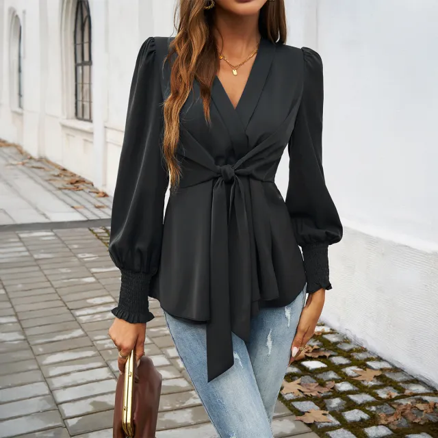 Autumn And Winter Temperament Leisure V neck Solid Color Long sleeved Top Black - Shop at LoveMi